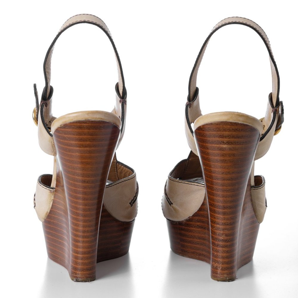 Chloe Beige and Brown Wedge Sandals - Picture 3 of 7